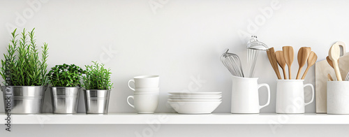 white kitchen utensils on a white shelf with plant on t 8102fbca-3d1a-4a42-82d2-3c4761e30fe3 photo