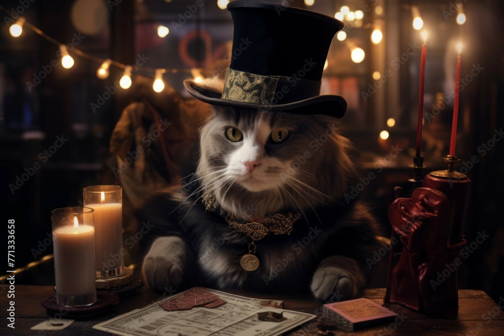 Mysterious cat offering New Year's Eve fortune-telling at a mystical booth.