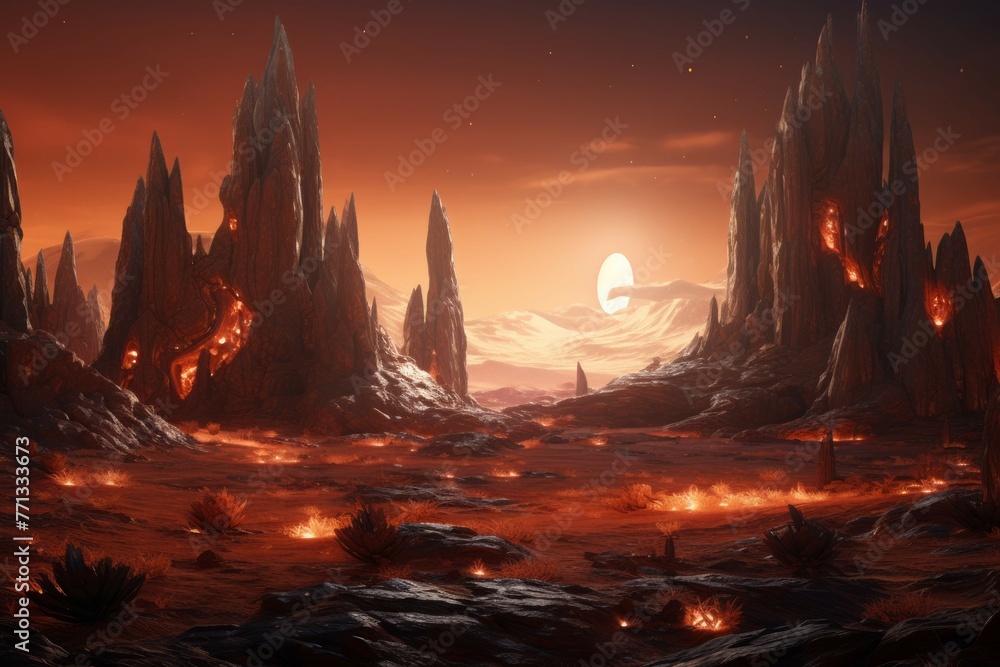 Alien landscape on a desert planet with towering rock formations and glowing crystals.