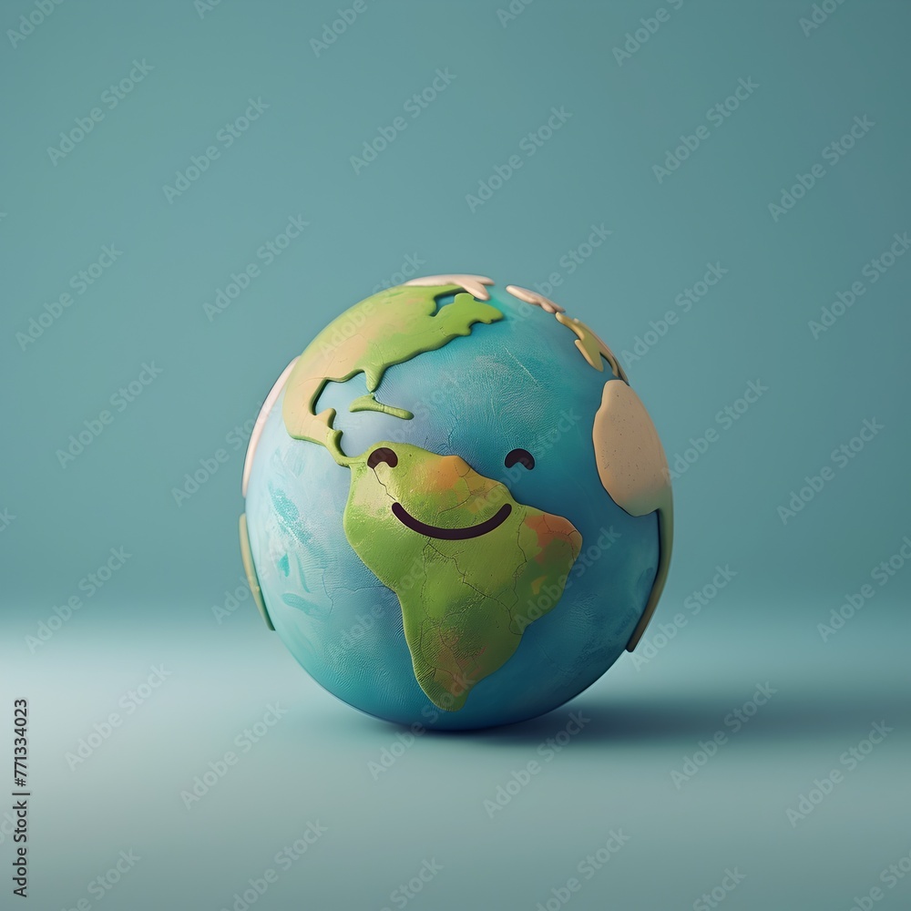 Obraz premium Stylized 3D Render of a Smiling Cartoon Earth Showcasing Eco Friendly Vibrancy and Positivity
