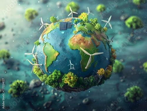 Sleek 3D of a Globe Showcasing Green Energy Renewable Resources