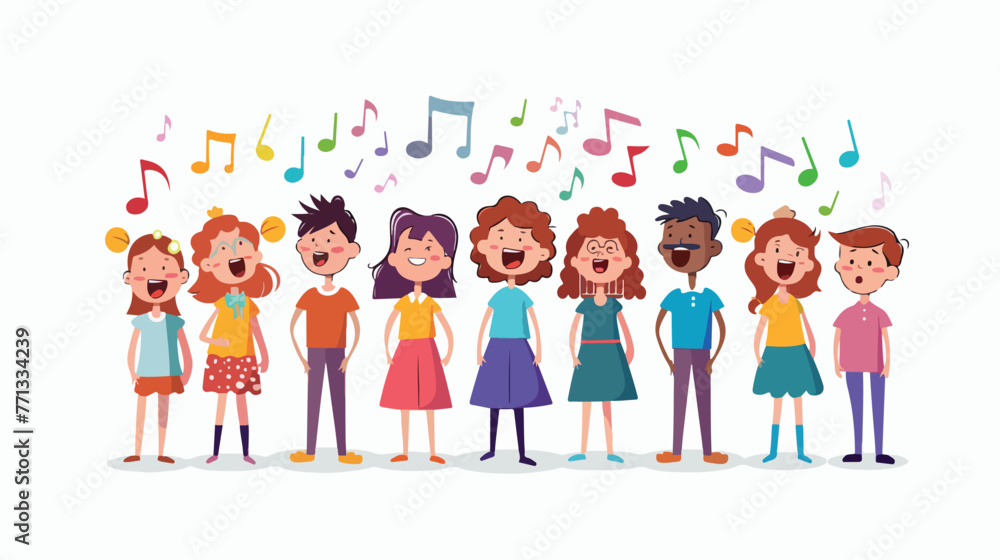 Cartoon Choir girls and boys singing a song flat vector