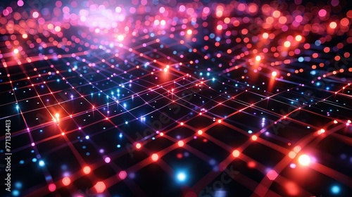 Led Light. Abstract effect. Future tech. Glare cubes. Digital cpu signal. Shine grid. Modern big data. Neon flare. Black background. Generative AI.