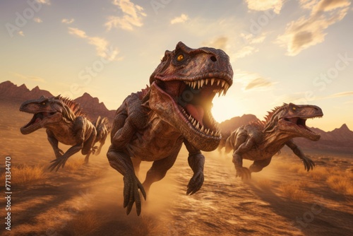 Pack of dilophosaurus running in a desert landscape © Michael Böhm