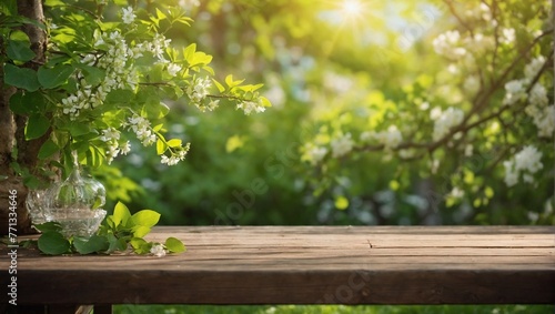 empty wood board for branding on Spring beautiful background