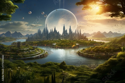 Terraformed planetary system with lush green landscapes and futuristic cities.