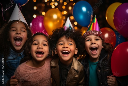 Kids posing for a photo with New Year's Eve themed signs and party hats.