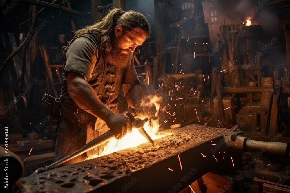 Viking blacksmith forging a sword