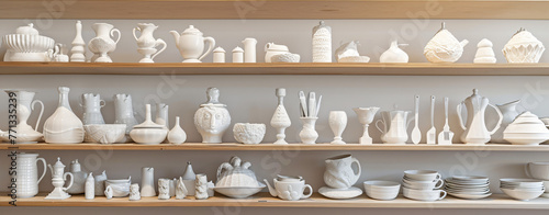 white porcelain utensils on shelves in the style of pat dd59453e-9c4d-4cbb-8351-e7c1499ec024