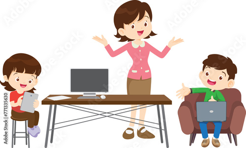 happy teacher and student learning computer