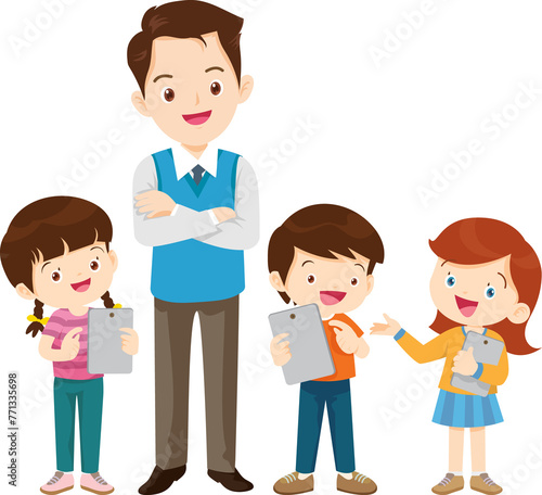 happy teacher and student learning computer