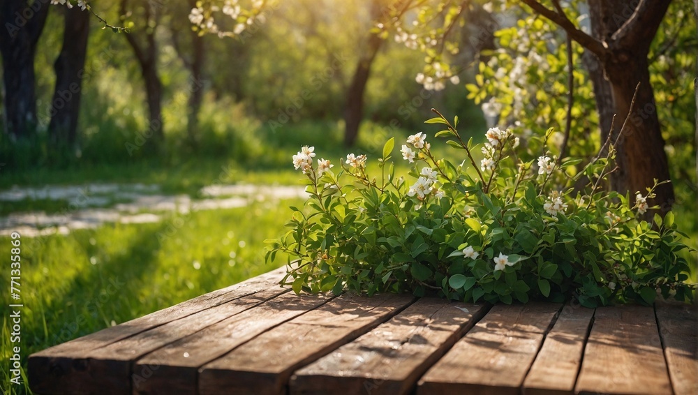 empty wood board for branding on Spring beautiful background empty wood board for branding on Spring beautiful background