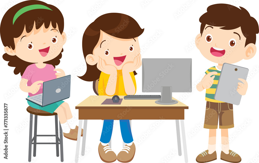 E-Learning concept Students kids Reading and online learning technology with computer laptop smartphone E-Learning concept Students kids Reading and online learning technology with computer laptop smartphone