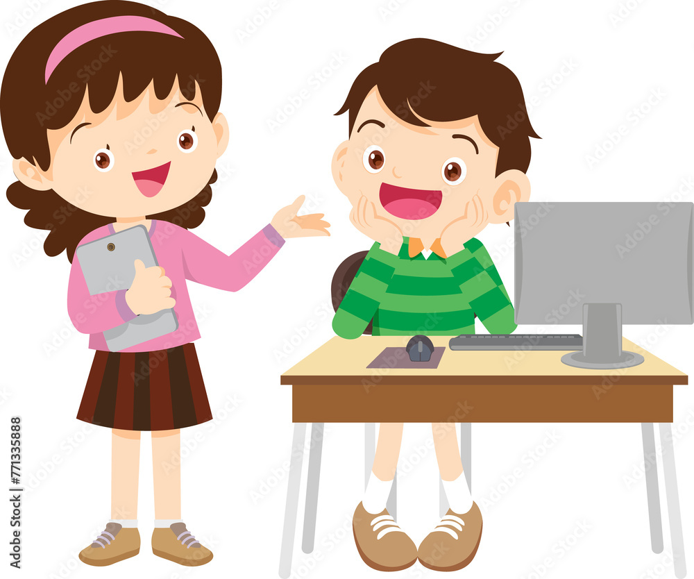 E-Learning concept Students kids Reading and online learning technology with computer laptop smartphone E-Learning concept Students kids Reading and online learning technology with computer laptop smartphone