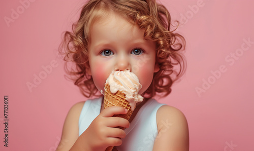 Happy little child eating ice cream on a hot day. simple background  studio photo.
