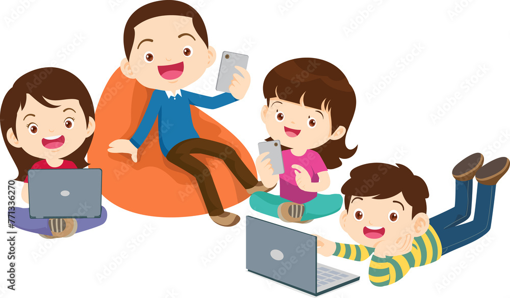 E-Learning concept Students kids Reading and online learning technology with computer laptop smartphone E-Learning concept Students kids Reading and online learning technology with computer laptop smartphone