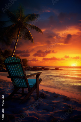 Beach chair facing a spectacular ocean sunset with palm tree. Relaxation and travel holiday concept. Design for travel poster, banner, wallpaper. Vibrant landscape photography with tropical mood