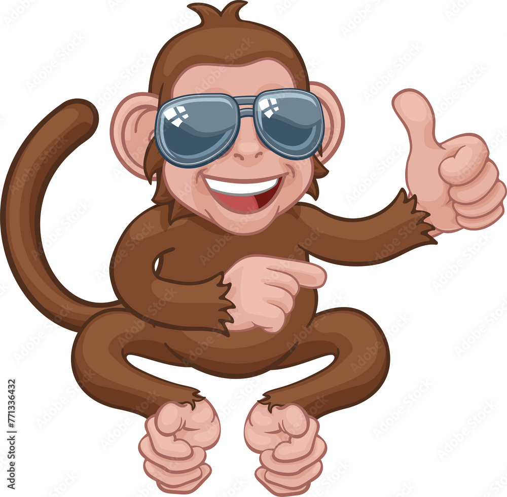 Naklejka premium Monkey Sunglasses Cartoon Thumbs Up Pointing