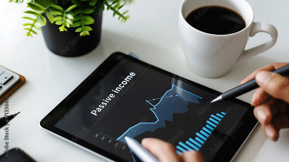 Hand holding tablet with text passive income, data graph, business and finance concept background, people and technology template,