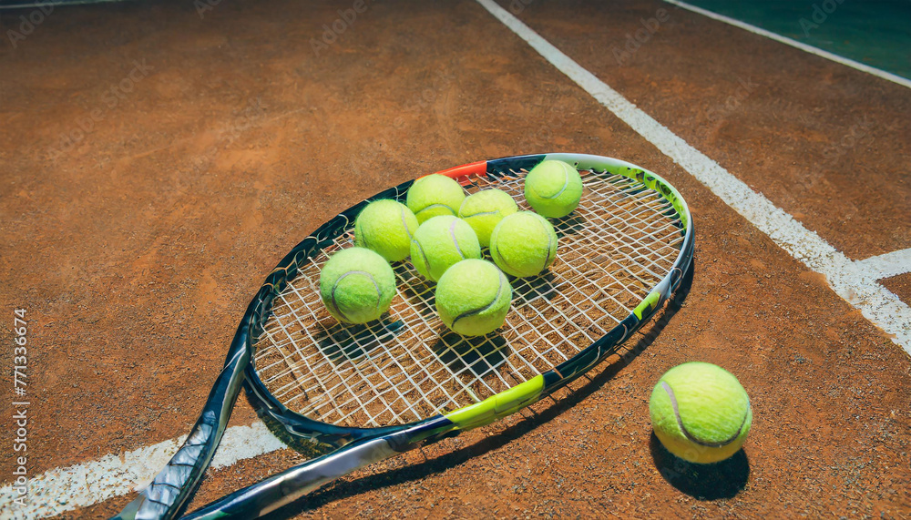 Top view of tennis balls with tennis racket on empty orange court at night