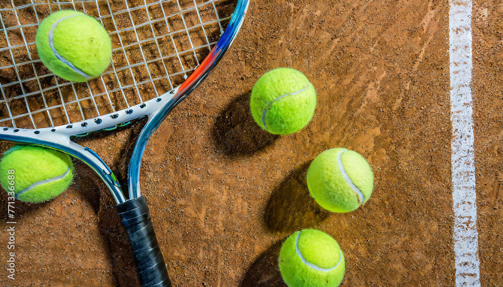 Top view of tennis balls with tennis racket on empty orange court at night