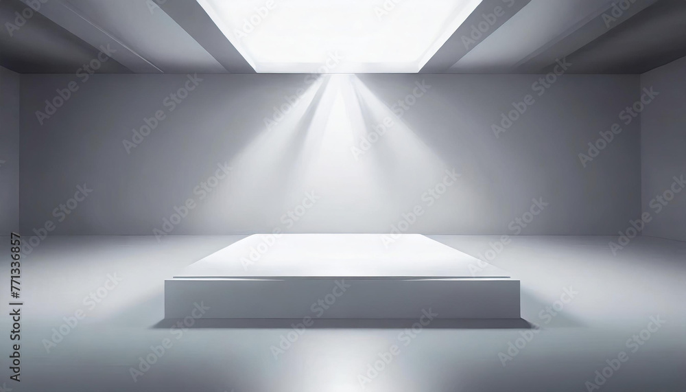 An empty room with a white square dais in the center. A beam of light shines down from the ceiling, casting a bright glow onto the floor. The walls are also white An empty room with a white square dais in the center. A beam of light shines down from the ceiling, casting a bright glow onto the floor. The walls are also white