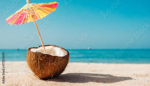 Wallpaper Mural Tropical beach concept made of coconut fruit and sun umbrella. Creative minimal summer idea. Torontodigital.ca