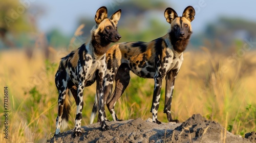 African Painted Dogs in Botswana Bush. Two Endangered Carnivore Standing on a Mound in the Wild
