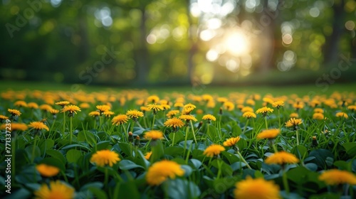 Landscape of young lush green grass with blooming dandelions Beautiful spring natural background. photo