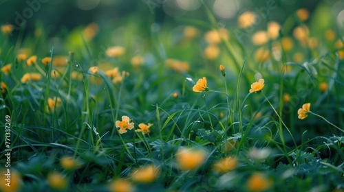 natural background of Juicy young green grass and wild yellow flowers on the lawn
