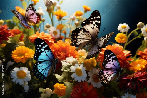 Colorful butterflies on blooming wildflowers