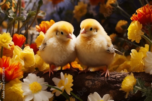 Adorable baby chicks in a blooming garden © Michael Böhm