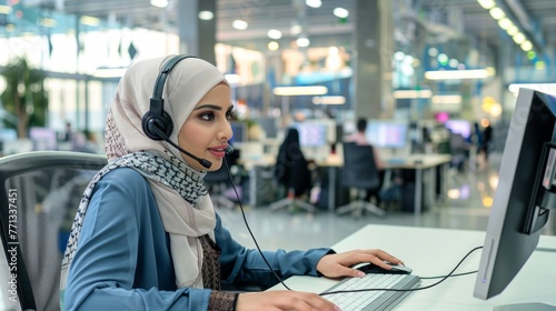 Happy young arab female enjoys her job as a call center service representative with a headset on a call with a customer