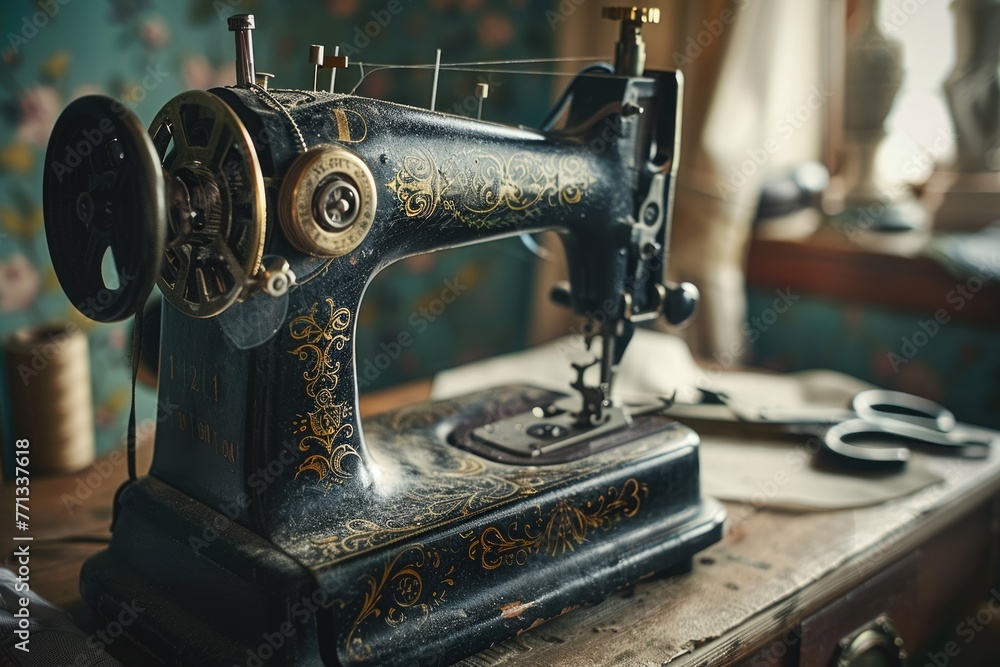 Discover the Fascinating Fashion History by Tailoring Fabrics with Your Own Hands! Close-Up of Old Sewing Machine and Tailor's Tools - obrazy, fototapety, plakaty 