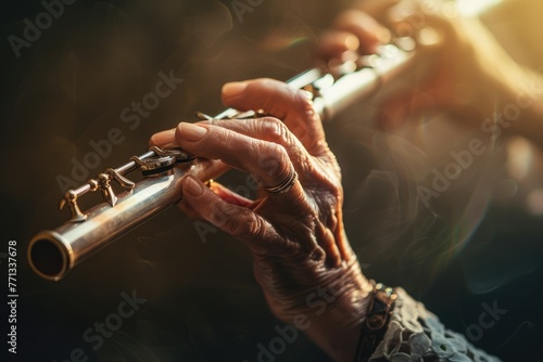 Expert Flutist's Hand Playing Melodious Tunes on a Professional Flute Instrument photo