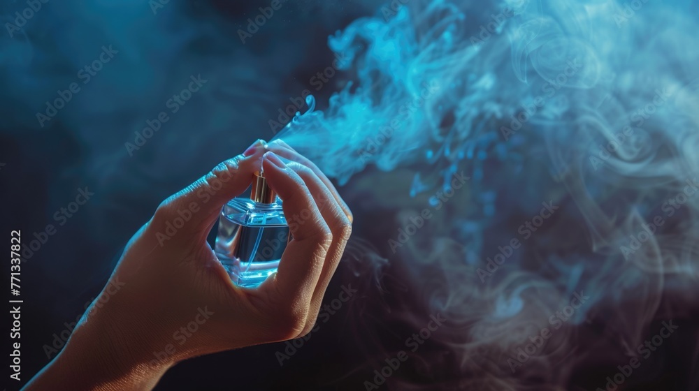 Handy Tips for Smelling Great with Spraying Perfume: Woman Spraying Perfume to Get Fragrant Bouquet on Smoky Background