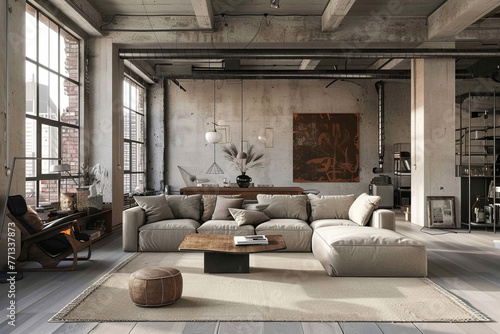 Modern Boho Beige Industrial style house interior and living room Emotional Architecture.