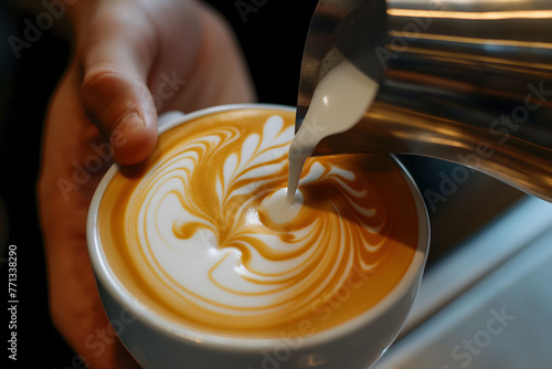 Intimate scene of a barista s hands crafting beautiful latte art  showcasing the art and skill of coffee preparation