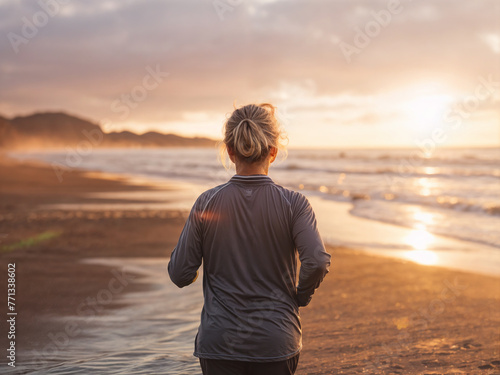 old woman in her 60s running / jogging on an empty beach at sunset/ sunrise, seen from behind, healthy lifestyle for seniors #771338602