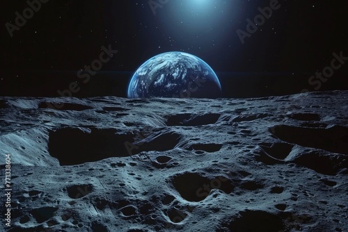 View of Blue Earth from the Moon Surface During a Lunar Mission. Satellite View of Earth and Craters on Lunar Surface in Background