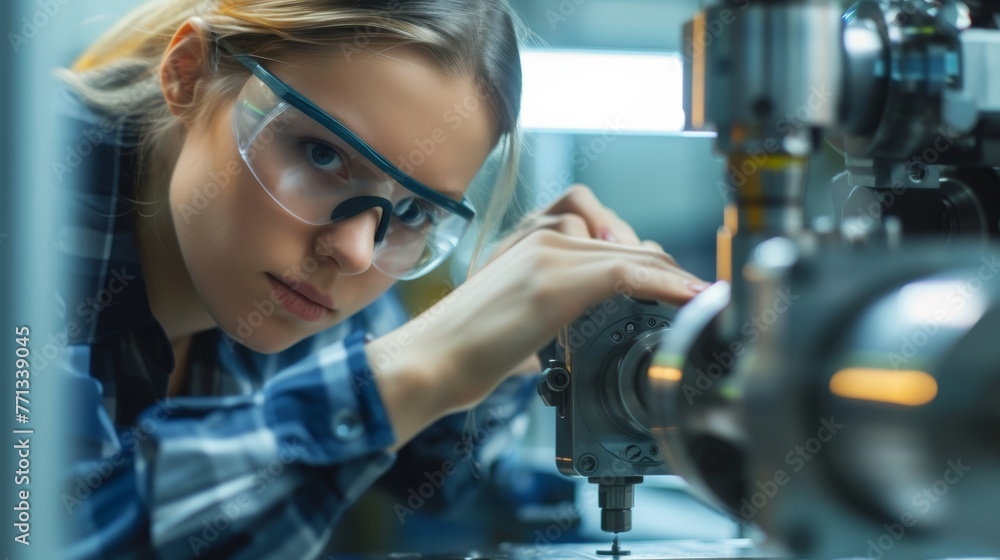 Worker clad in blue overalls, intently working on a milling machine. Worker clad in blue overalls, intently working on a milling machine.