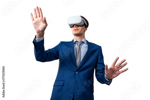A man in a blue suit wearing a VR headset and reaching out with his hands against a white background, concept of virtual reality