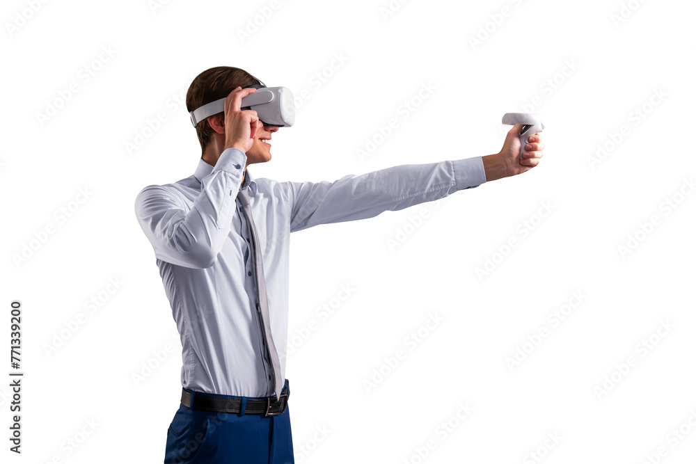 A man in business attire using virtual reality headset and controller, isolated on white background, depicting technology interaction A man in business attire using virtual reality headset and controller, isolated on white background, depicting technology interaction