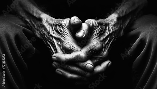 An elderly person clasps hands in a symbolic gesture of hope, prayer or contemplation. The black and white photograph highlights the intricate lines and wrinkles. AI generated. 
