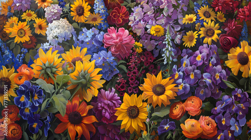 Spectacular Display of Diverse Flowers: A captivating nature view of Sunflowers, Tulips, Roses, Irises, Lilies, Daisies, and Peonies