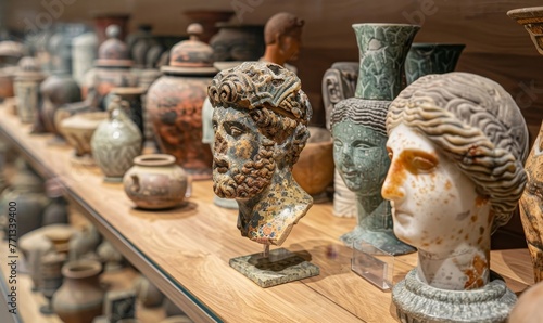 Archaeological biblical finds on a museum display shelf ancient works of art, Generative AI