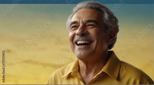 young hispanic elderly man on plain bright yellow background laughing hysterically looking at camera background banner template ad marketing concept from Generative AI photo
