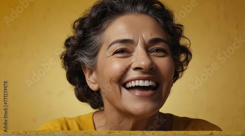 young hispanic elderly woman on plain bright yellow background laughing hysterically looking at camera background banner template ad marketing concept from Generative AI