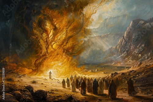 Gods appearance to Moses at the burning bush in the desert on Mount Sinai, Generative AI
