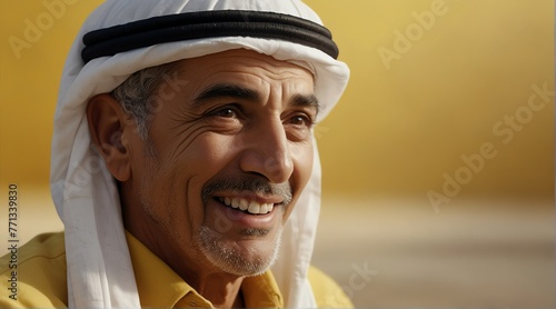 young middle eastern elderly man on plain bright yellow background laughing hysterically looking at camera background banner template ad marketing concept from Generative AI